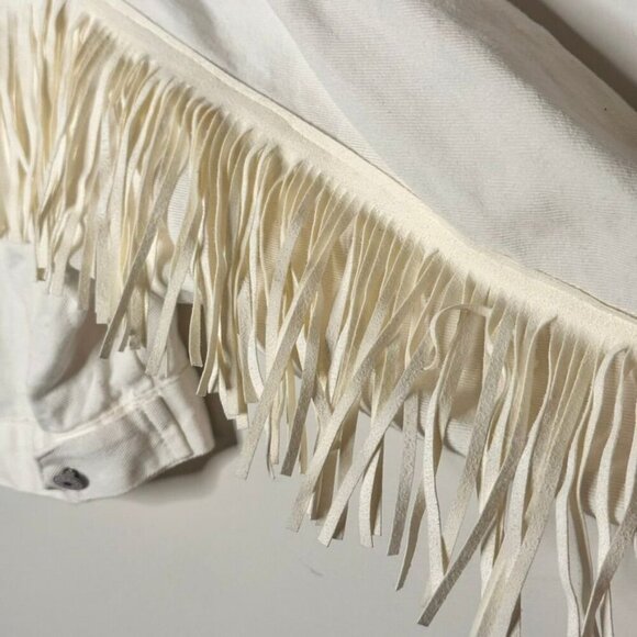 Boho Fringe Off White Western Jean Jacket Womens M Festival Hippie 70s Cowgirl - Picture 4 of 12
